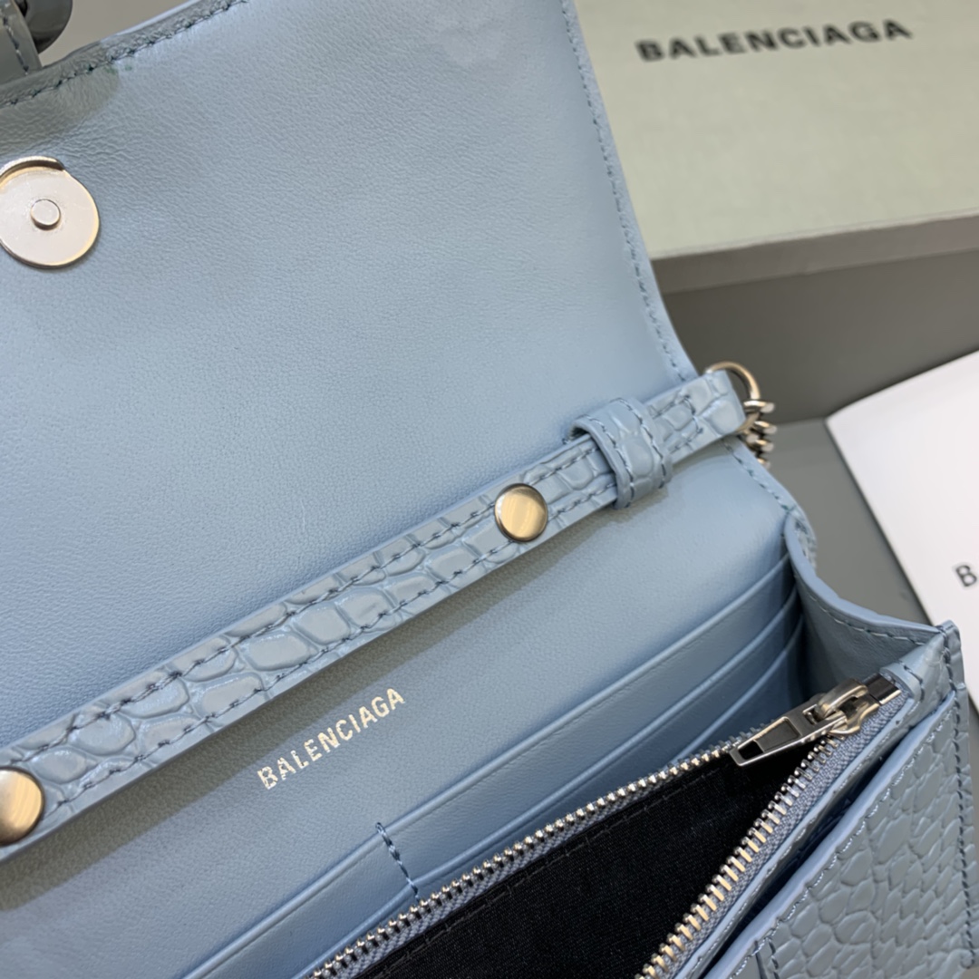 Balenciaga Small Hourglass Wallet With Chain Crocodile Embossed Shoulder Bag Light Blue